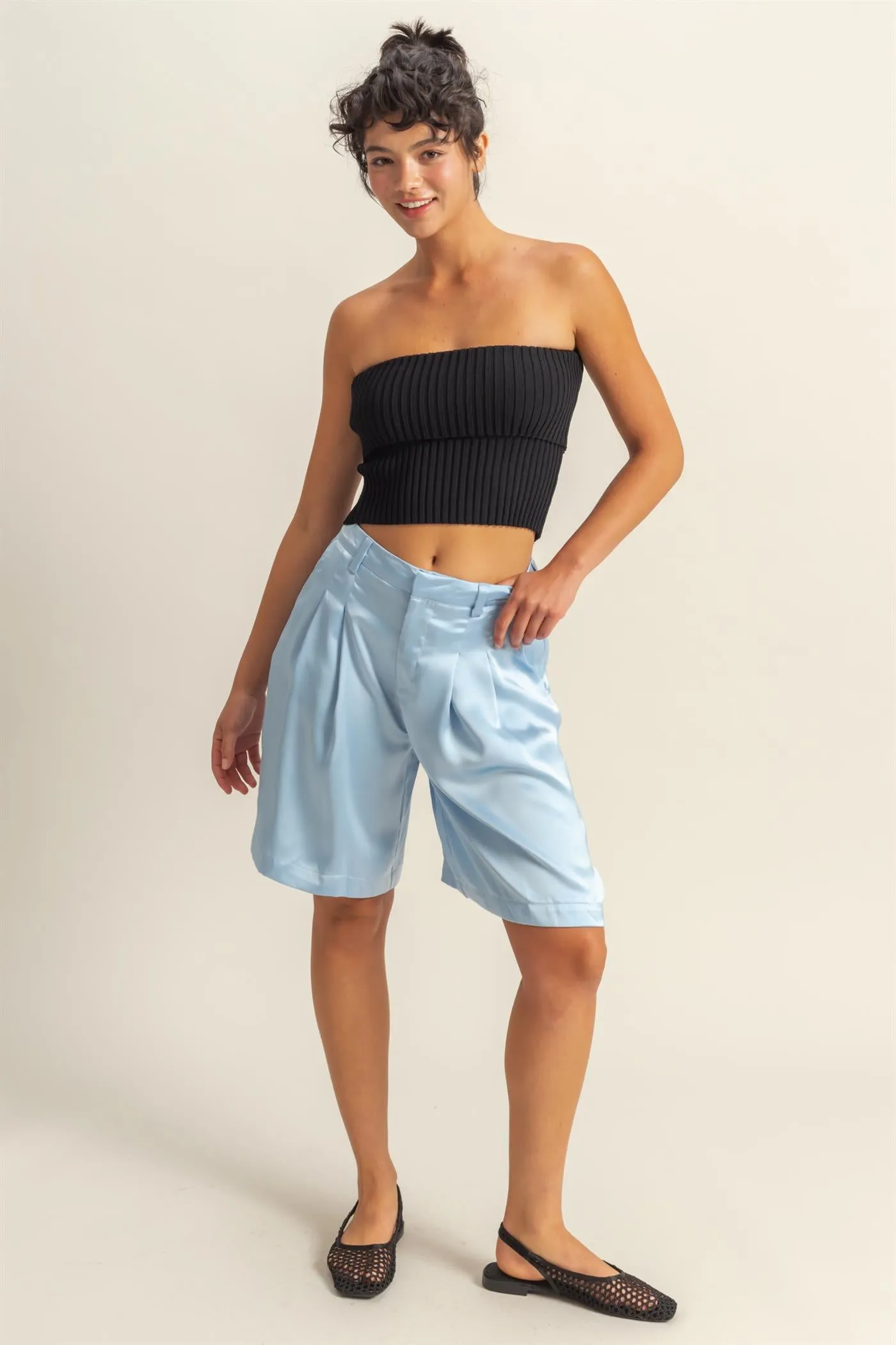 DZ24E149-High-Waist Pleated Satin Shorts