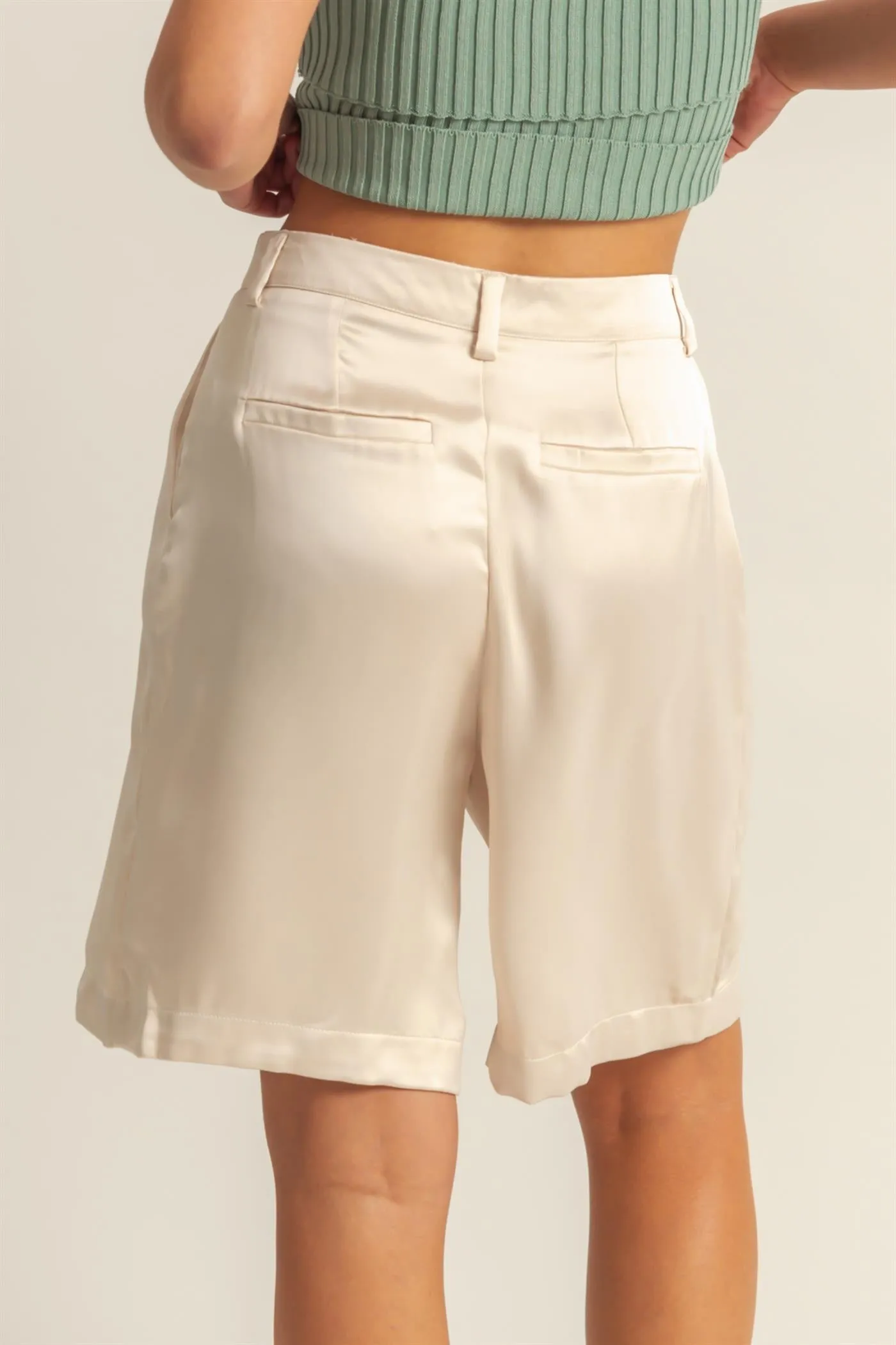 DZ24E149-High-Waist Pleated Satin Shorts
