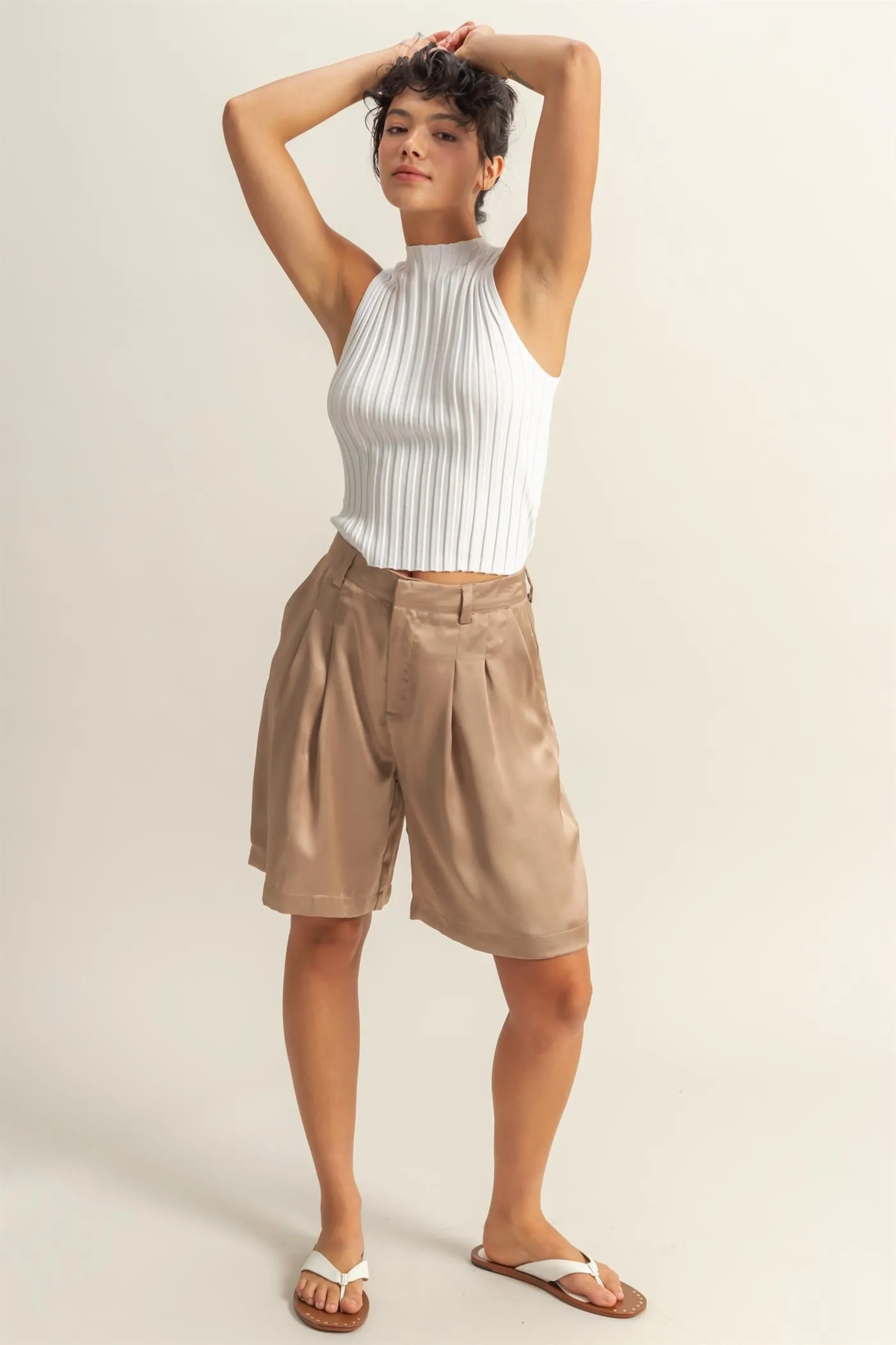 DZ24E149-High-Waist Pleated Satin Shorts