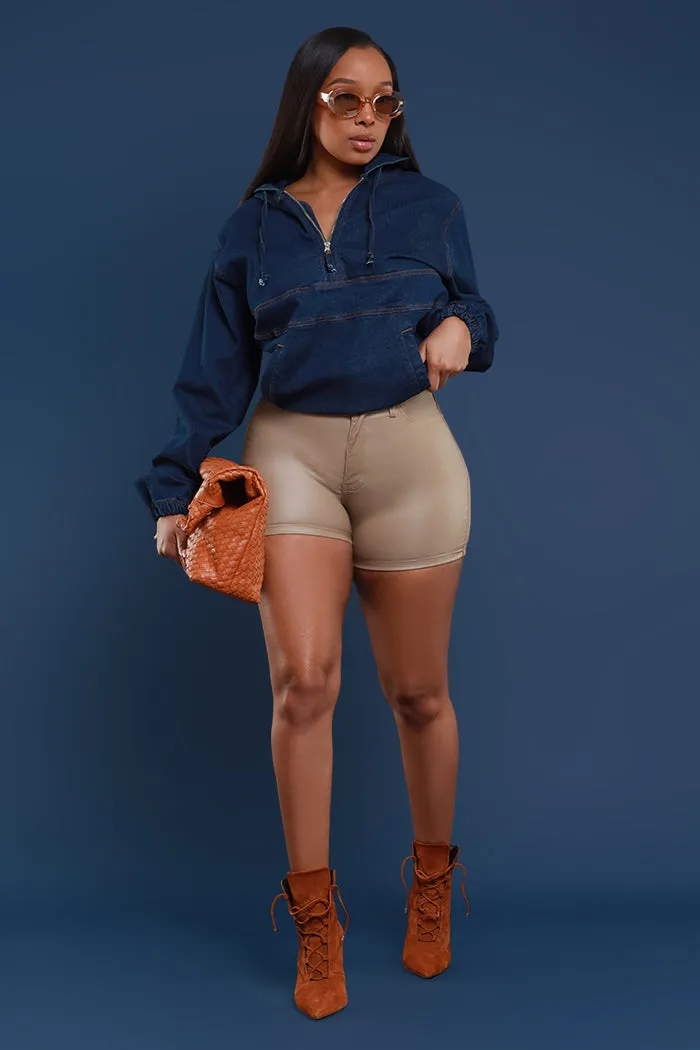 Earn It High Rise Faux Leather Shorts - Khaki