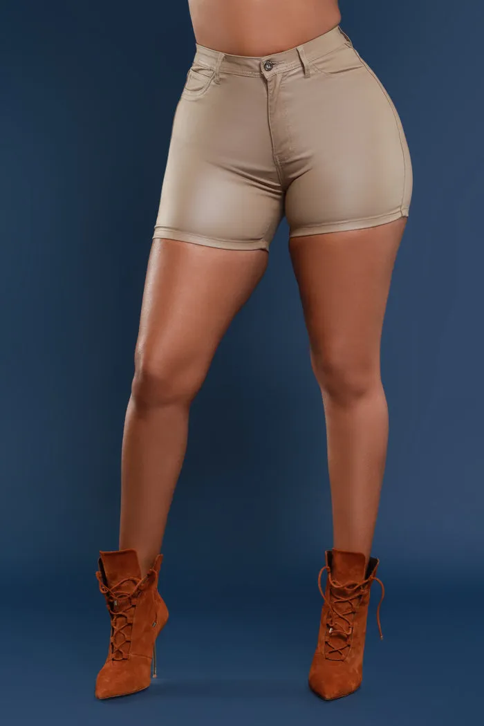Earn It High Rise Faux Leather Shorts - Khaki