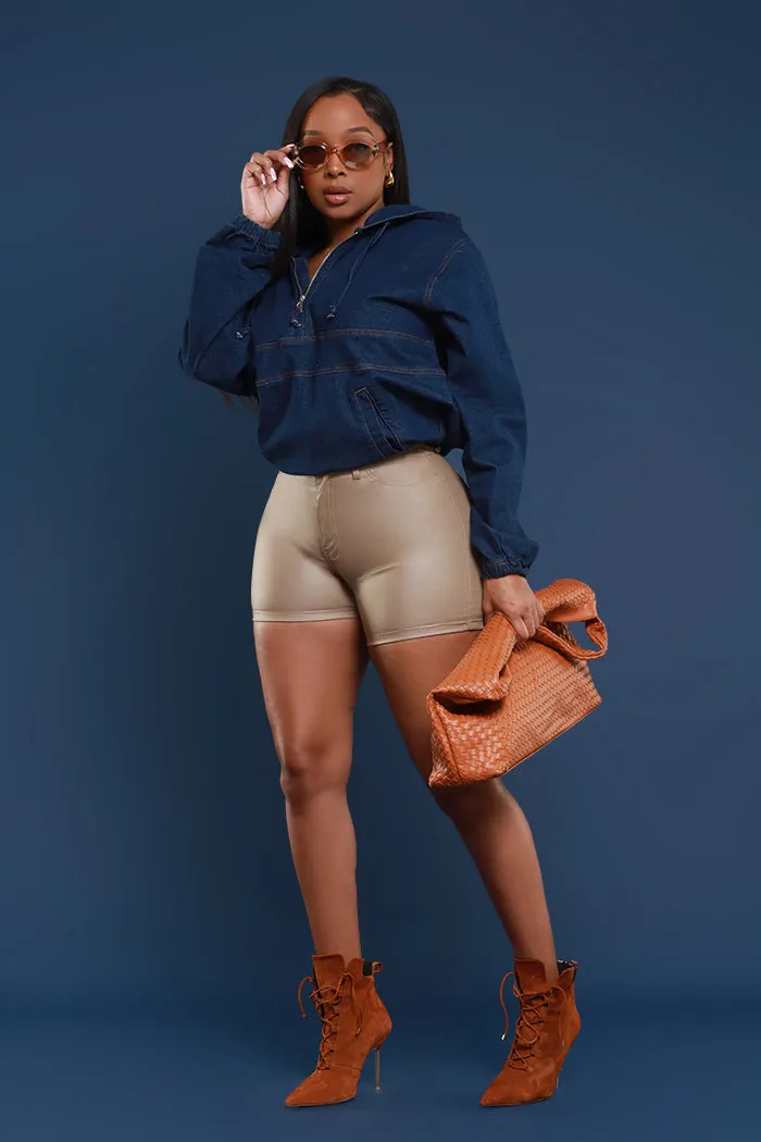 Earn It High Rise Faux Leather Shorts - Khaki