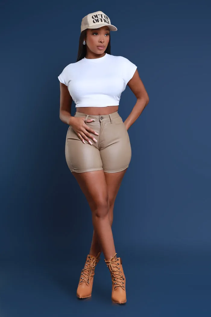 Earn It High Rise Faux Leather Shorts - Khaki