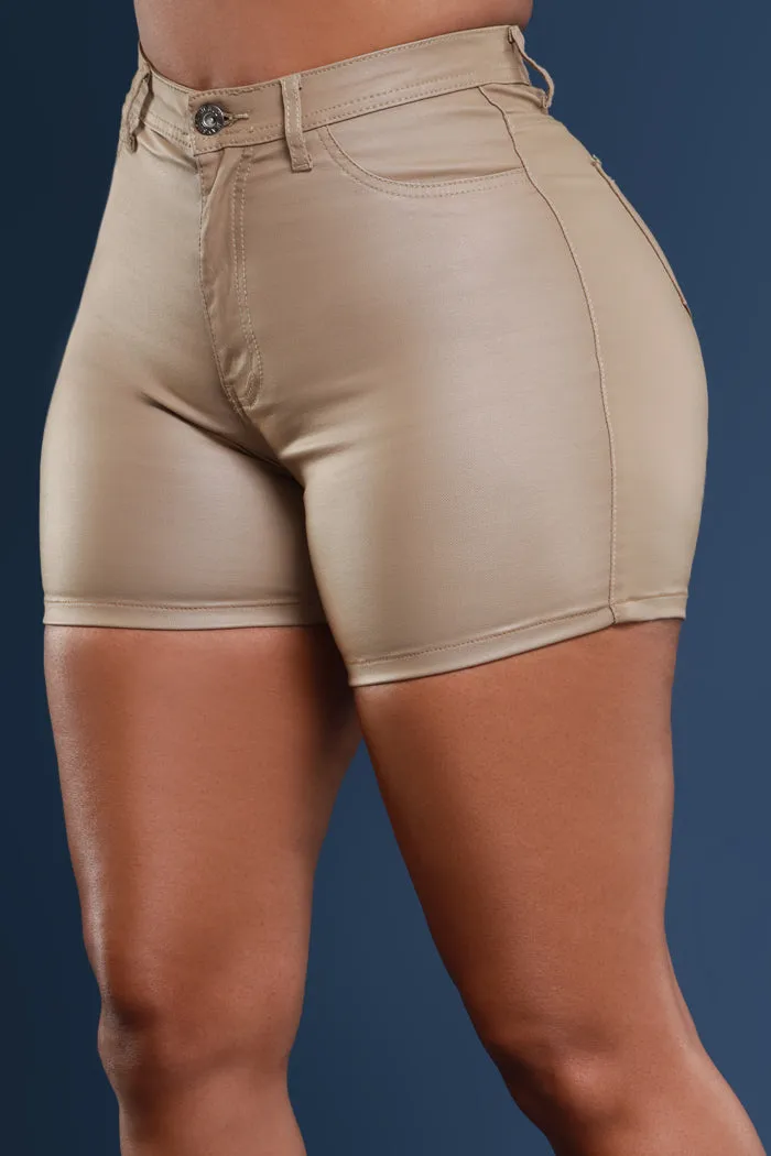 Earn It High Rise Faux Leather Shorts - Khaki
