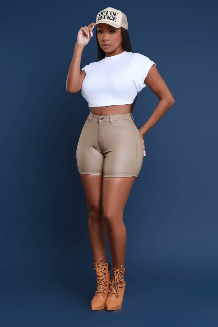 Earn It High Rise Faux Leather Shorts - Khaki
