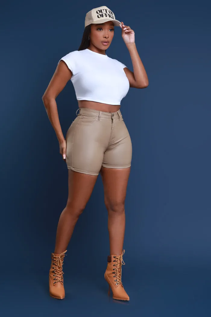 Earn It High Rise Faux Leather Shorts - Khaki