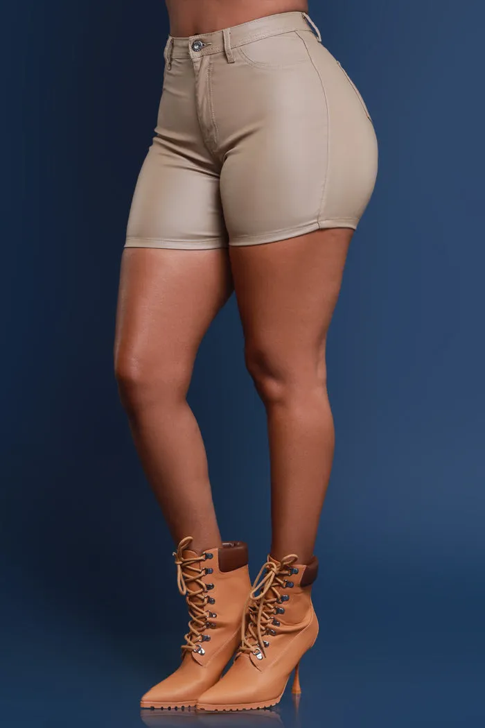 Earn It High Rise Faux Leather Shorts - Khaki