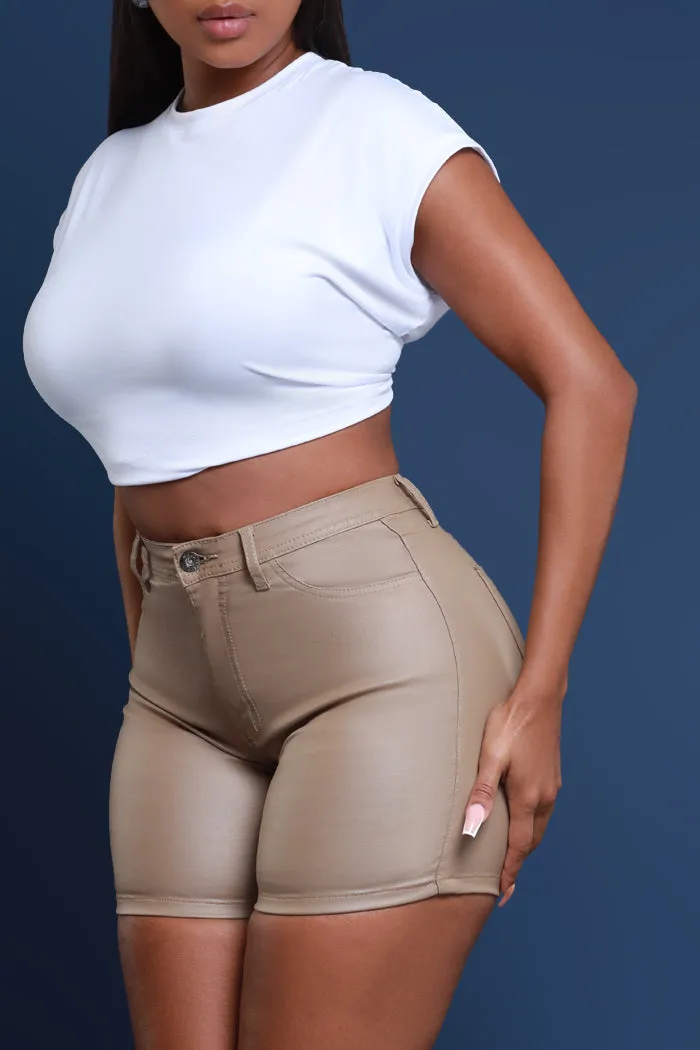 Earn It High Rise Faux Leather Shorts - Khaki