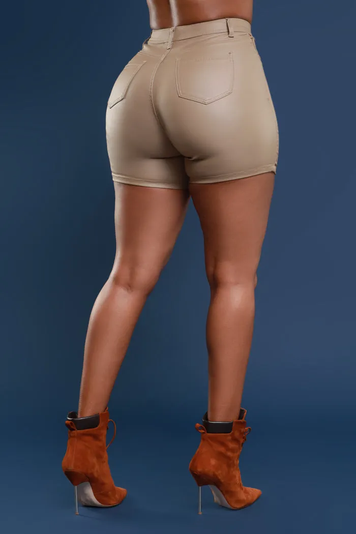 Earn It High Rise Faux Leather Shorts - Khaki