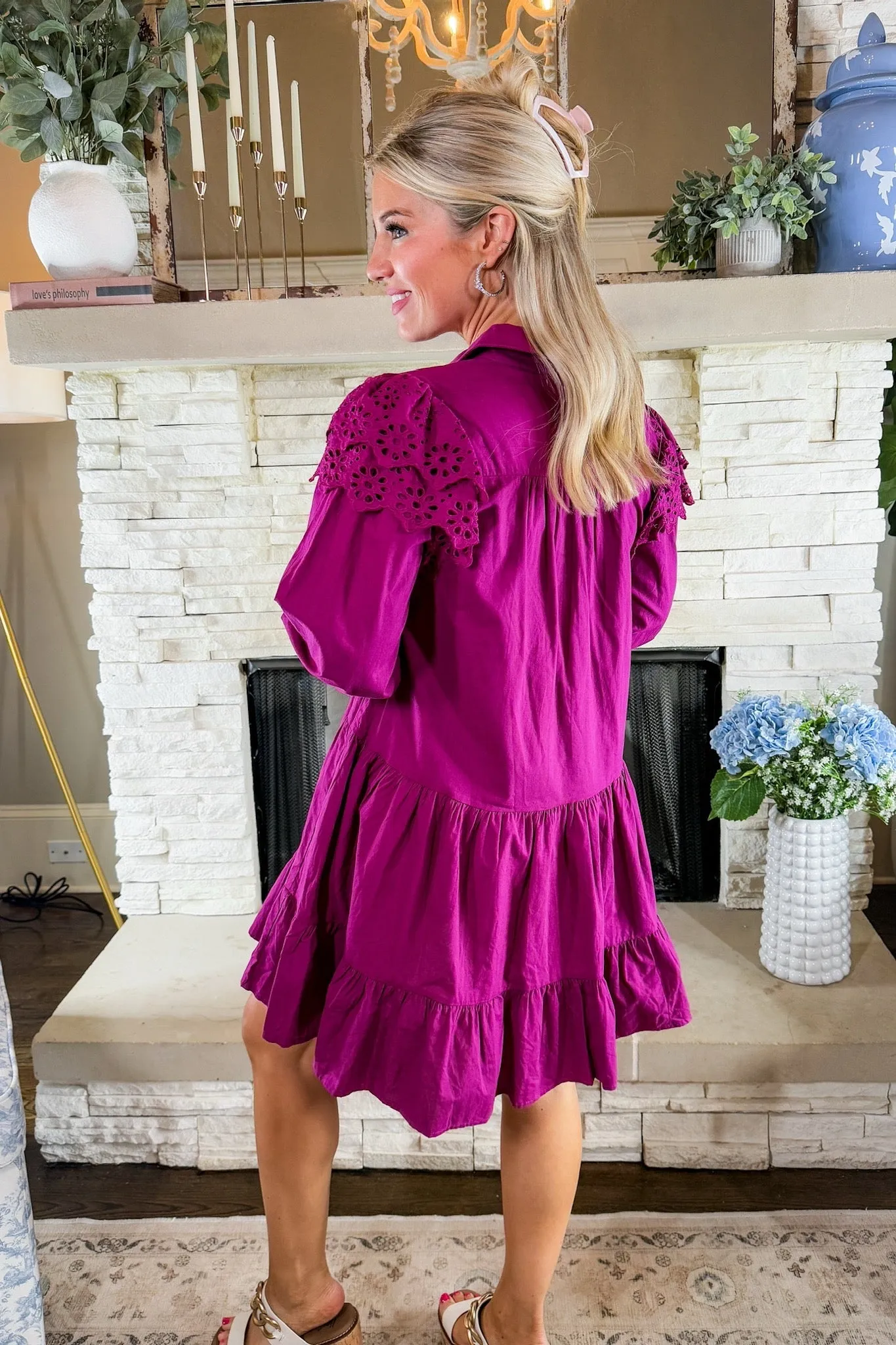 Eyelet Ruffle Sleeve Collared Tiered Long Sleeve Dress in Magenta