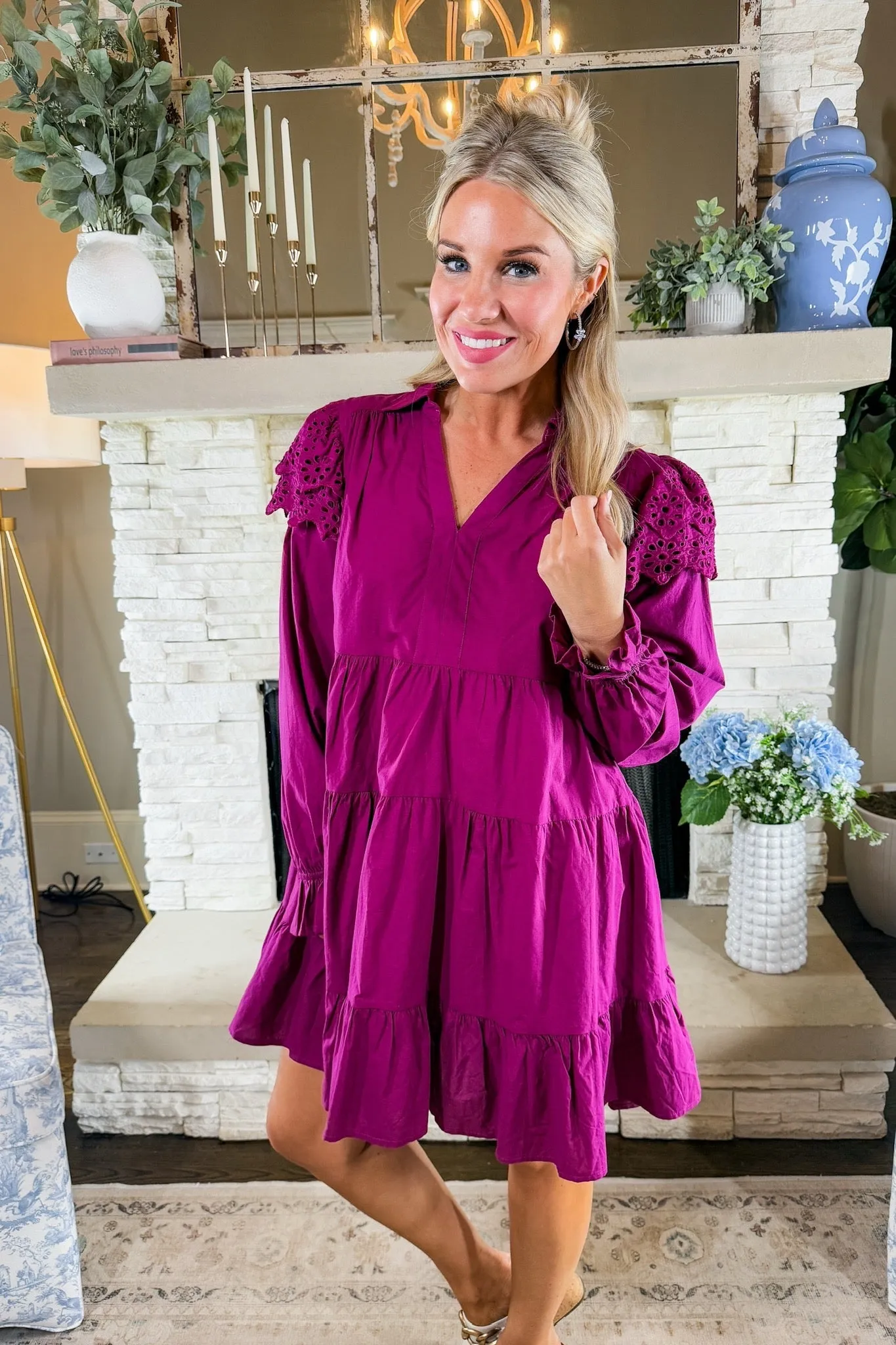 Eyelet Ruffle Sleeve Collared Tiered Long Sleeve Dress in Magenta