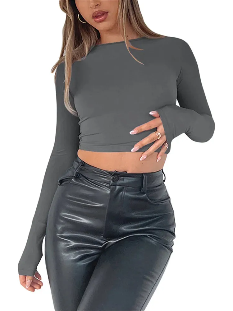 FashionSierra - 2024 Spring Fall Long Sleeve Exposed Navel Top Solid Slim Fit Pullover Backless Female Streetwear Base Tee