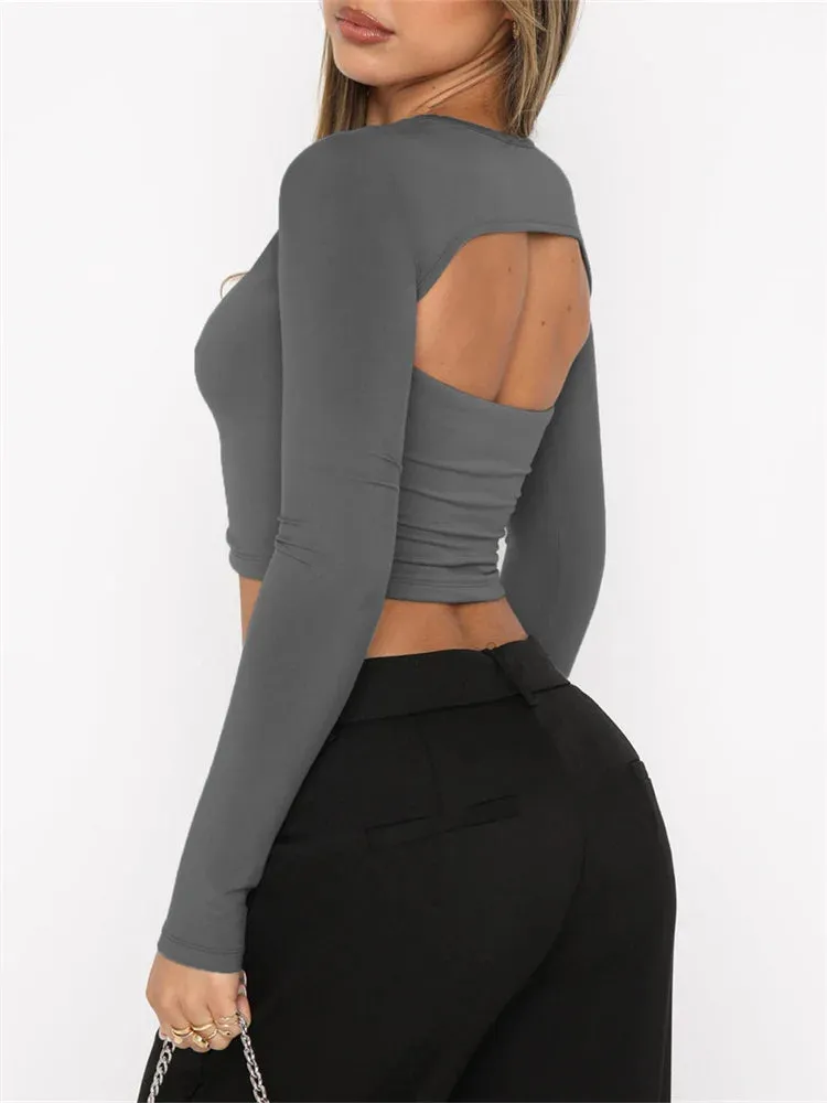 FashionSierra - 2024 Spring Fall Long Sleeve Exposed Navel Top Solid Slim Fit Pullover Backless Female Streetwear Base Tee