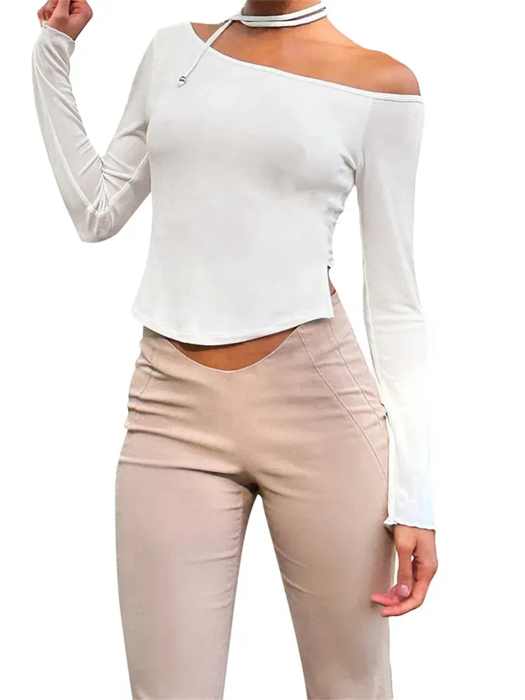 FashionSierra - 2024 Y2K Off Shoulder Long Sleeve Slim Fit Solid Color Backless Fashion Outfits Streetwear Tee