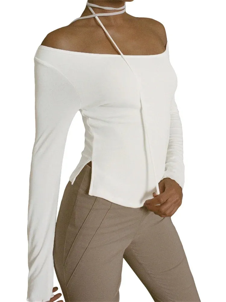 FashionSierra - 2024 Y2K Off Shoulder Long Sleeve Slim Fit Solid Color Backless Fashion Outfits Streetwear Tee