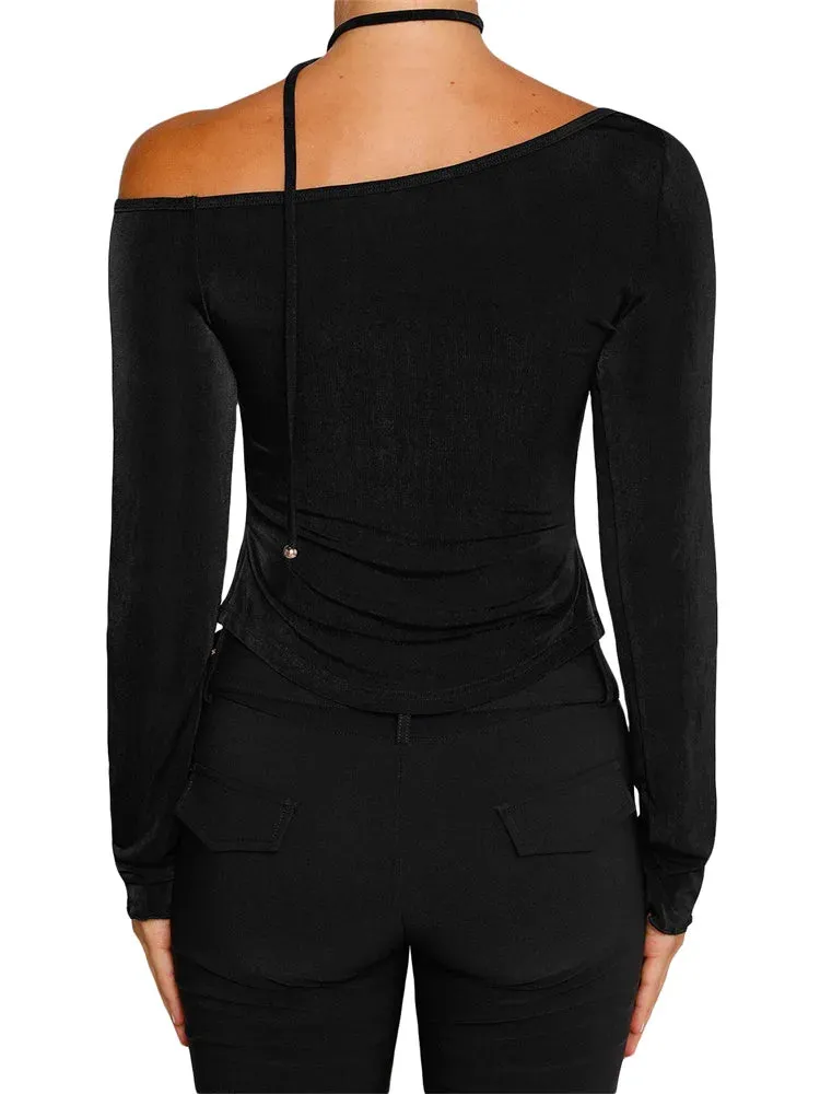FashionSierra - 2024 Y2K Off Shoulder Long Sleeve Slim Fit Solid Color Backless Fashion Outfits Streetwear Tee