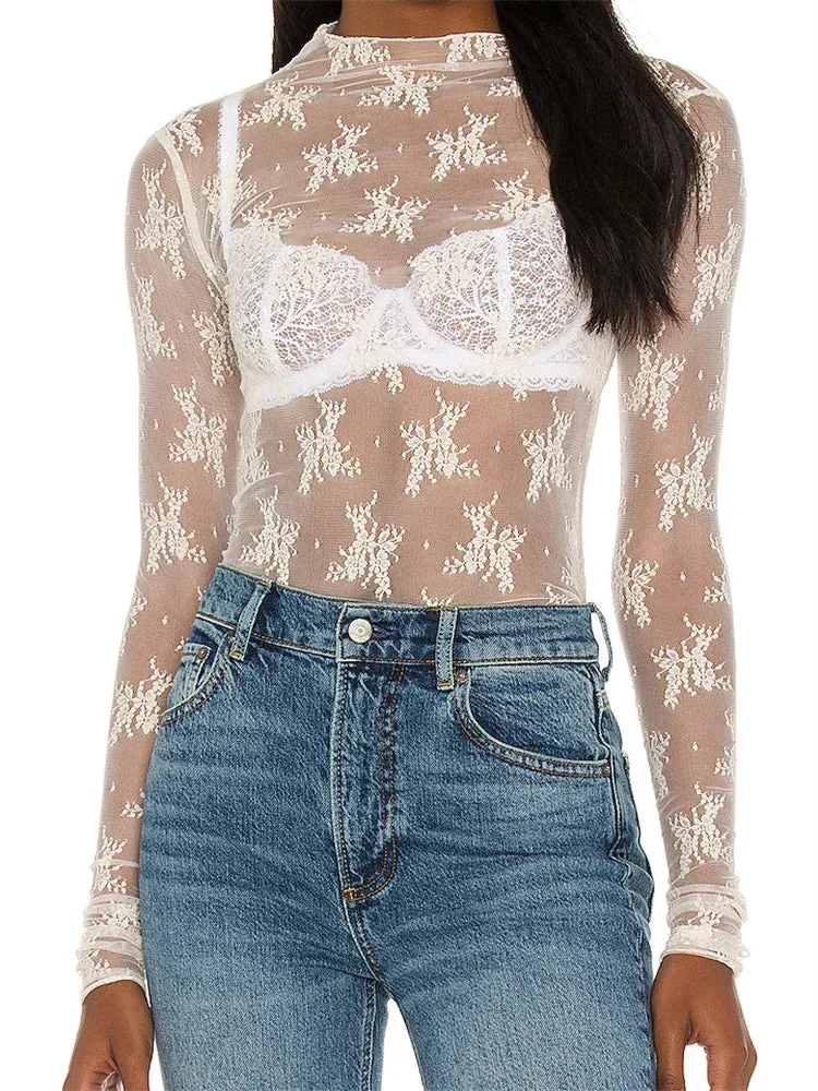 FashionSierra - Long Sleeve Mesh Sheer Lace Basic Casual Pullovers Summer Fall Club Streetwear Aesthetic Tee