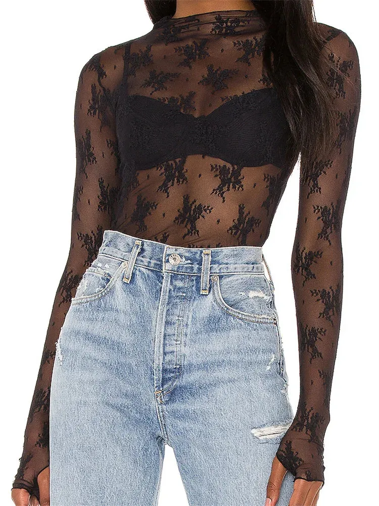 FashionSierra - Long Sleeve Mesh Sheer Lace Basic Casual Pullovers Summer Fall Club Streetwear Aesthetic Tee