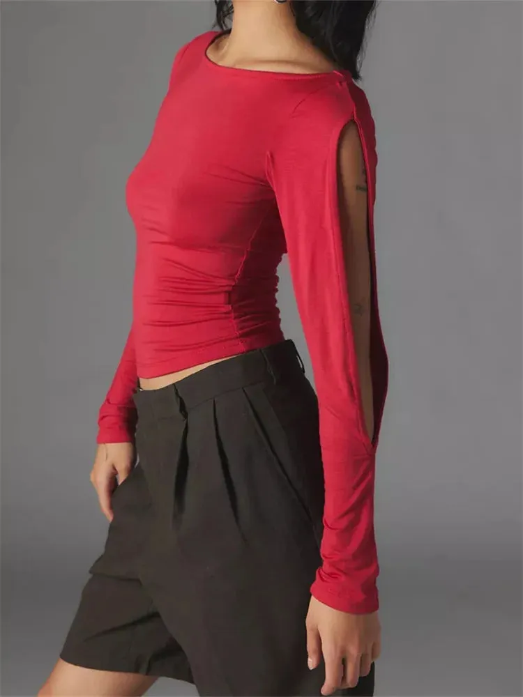 FashionSierra - Sexy Hollow Out Long Sleeve Solid Slim Fit Pullovers Causal Female Streetwear Basic Tees