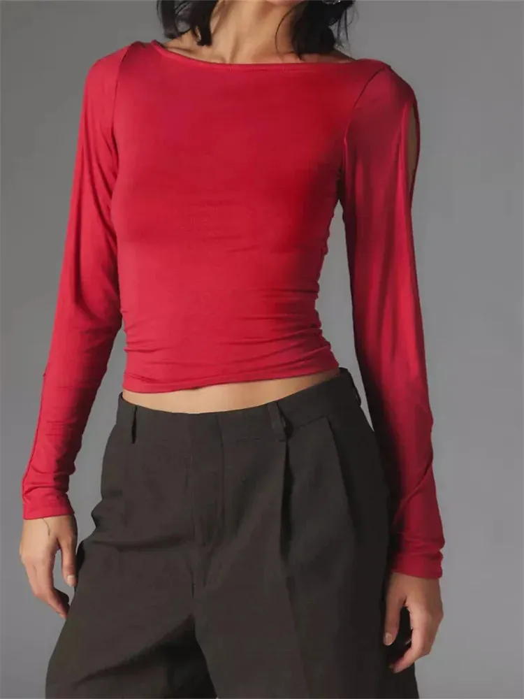 FashionSierra - Sexy Hollow Out Long Sleeve Solid Slim Fit Pullovers Causal Female Streetwear Basic Tees