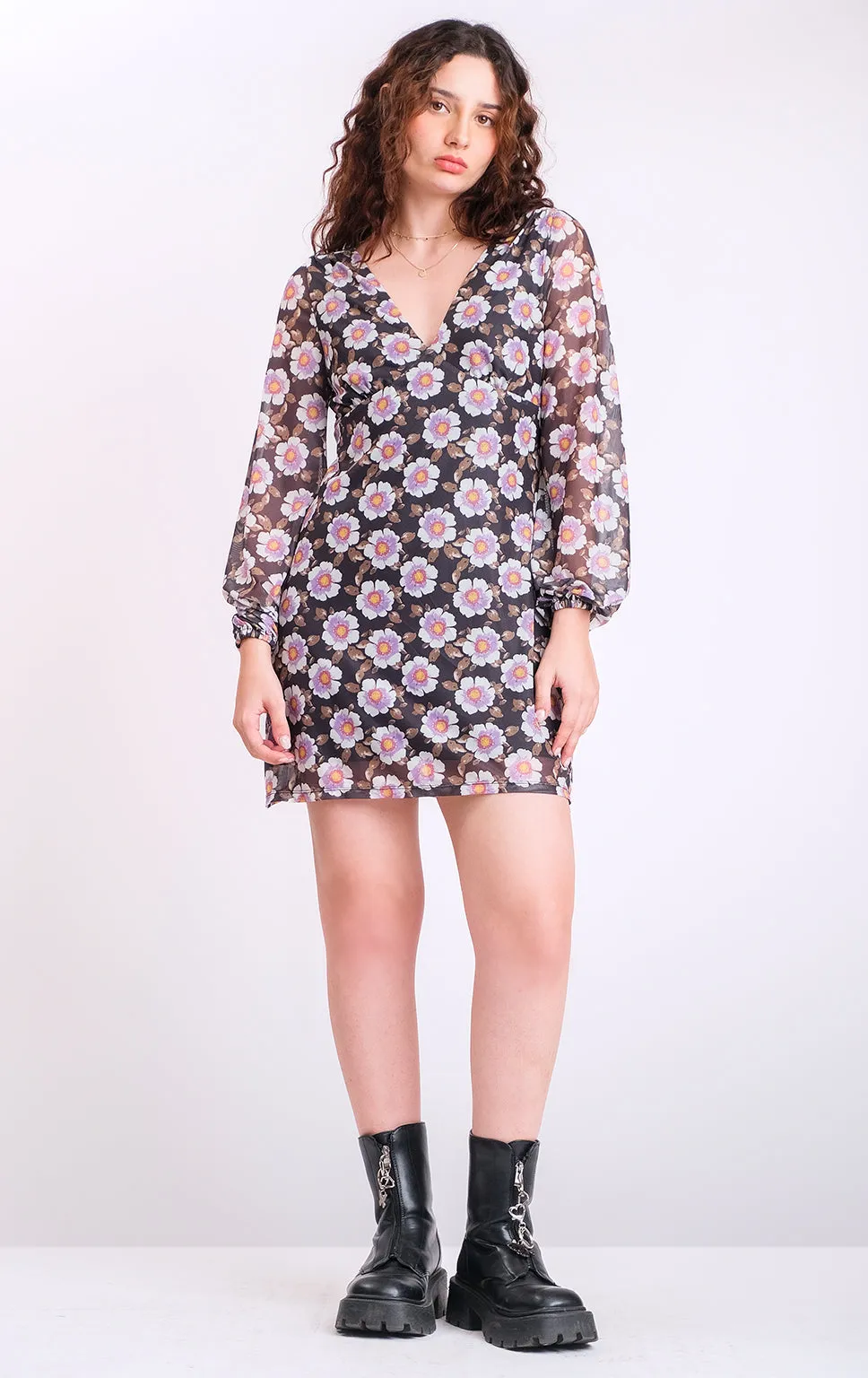 FLORAL MESH L/S A-LINE SHORT DRESS