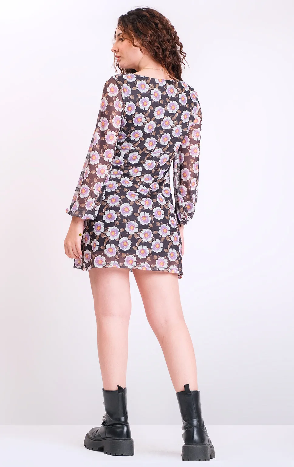 FLORAL MESH L/S A-LINE SHORT DRESS