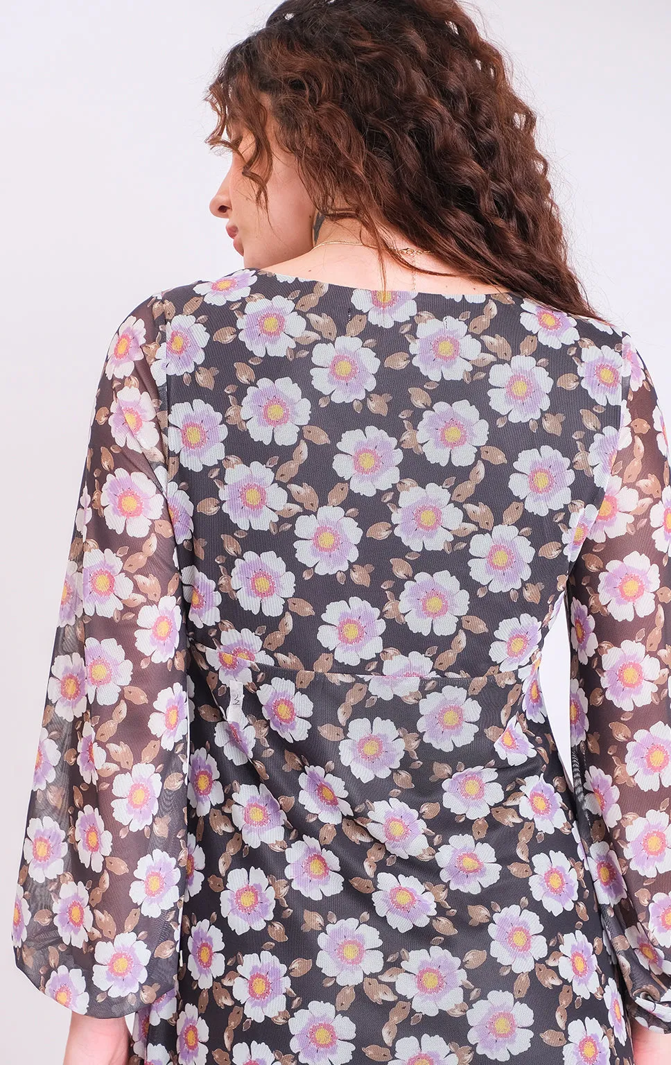 FLORAL MESH L/S A-LINE SHORT DRESS
