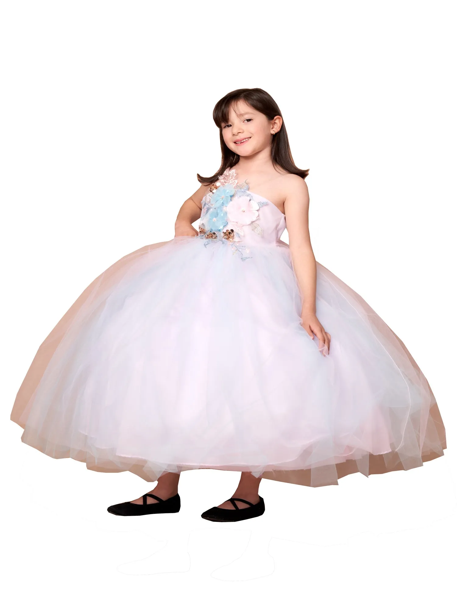 Flower Girl Dress with Flower Applique Invisible Straps and Tulle Overlay Skirt, Sizes 2-16