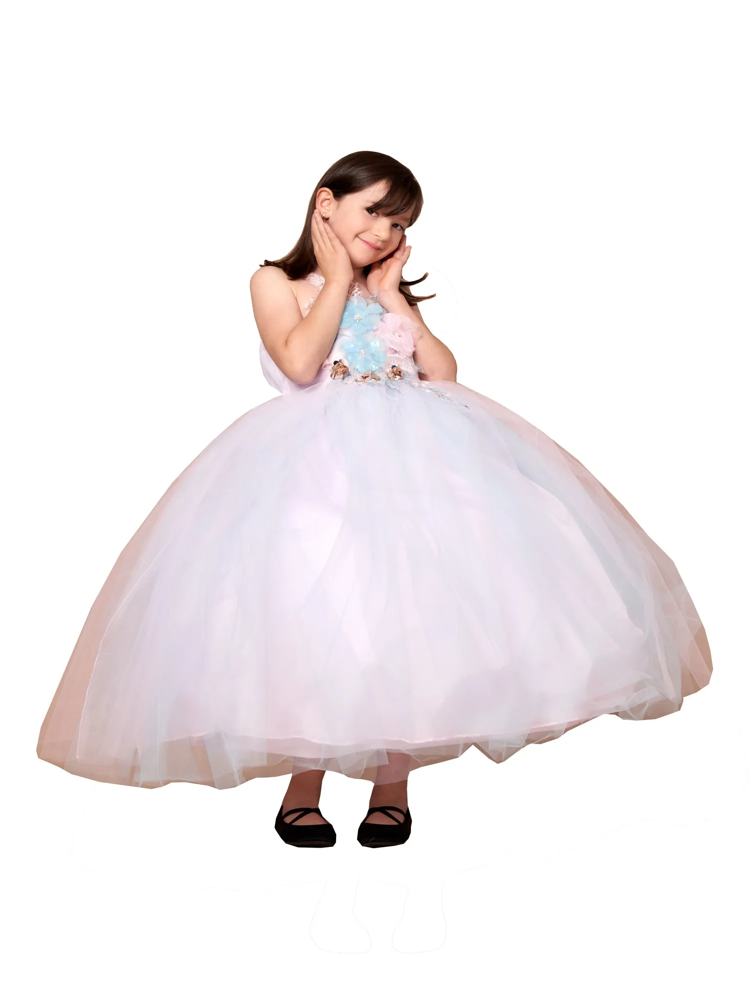 Flower Girl Dress with Flower Applique Invisible Straps and Tulle Overlay Skirt, Sizes 2-16