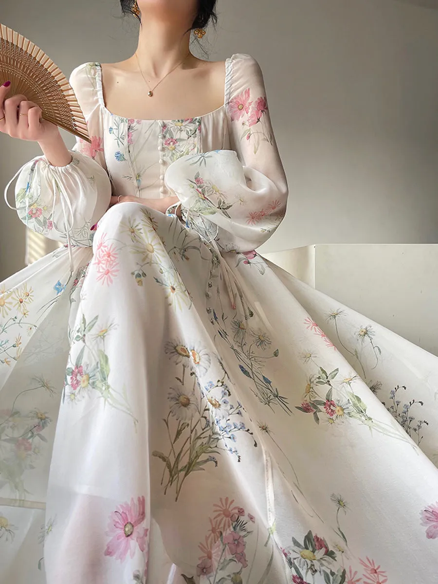Flytonn-hoco dresses homecoming dresses  women dress to impress  y2k outfits spring summer women's dress Puff Long Sleeve Floral Maxi Dress