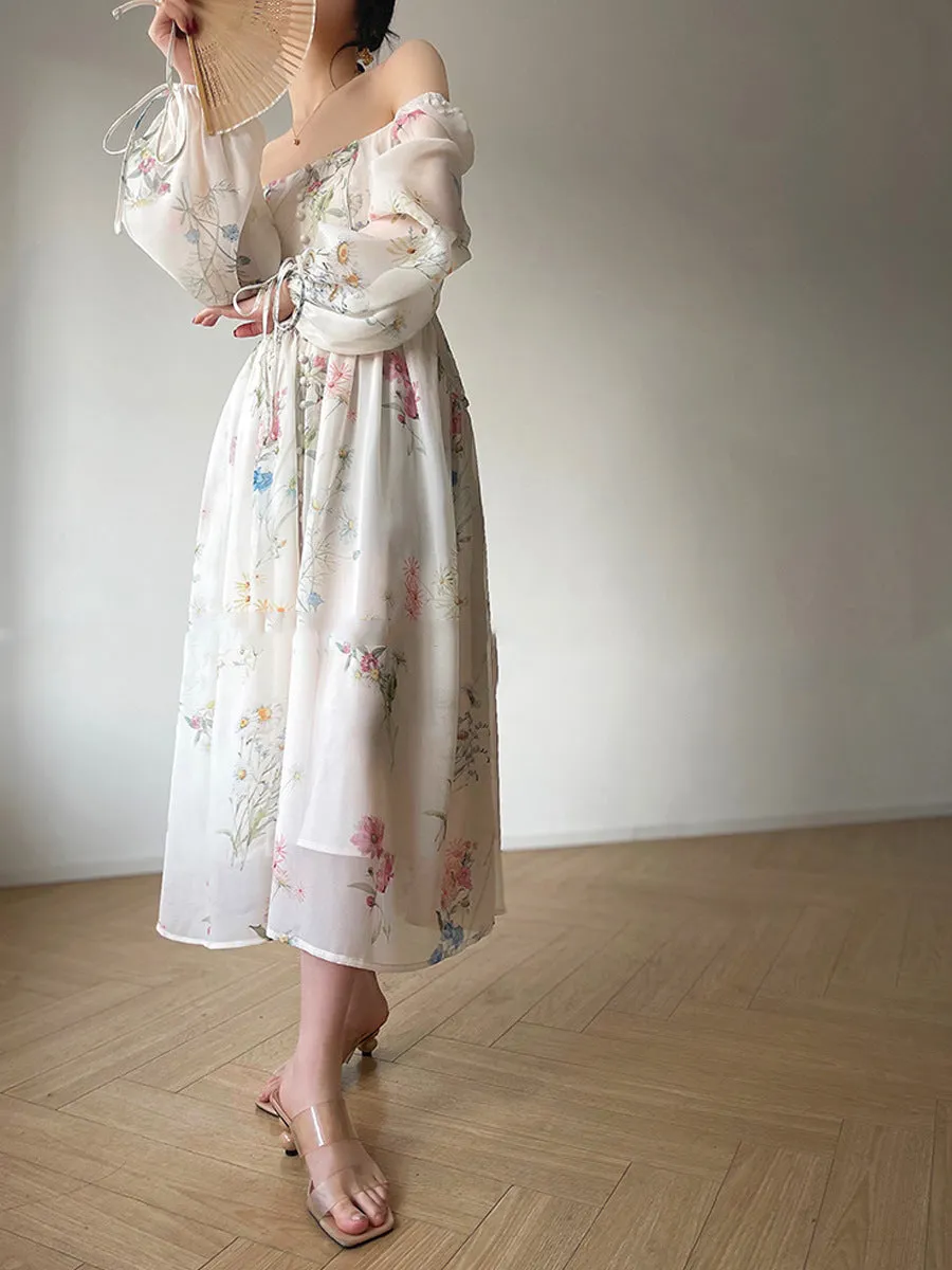 Flytonn-hoco dresses homecoming dresses  women dress to impress  y2k outfits spring summer women's dress Puff Long Sleeve Floral Maxi Dress