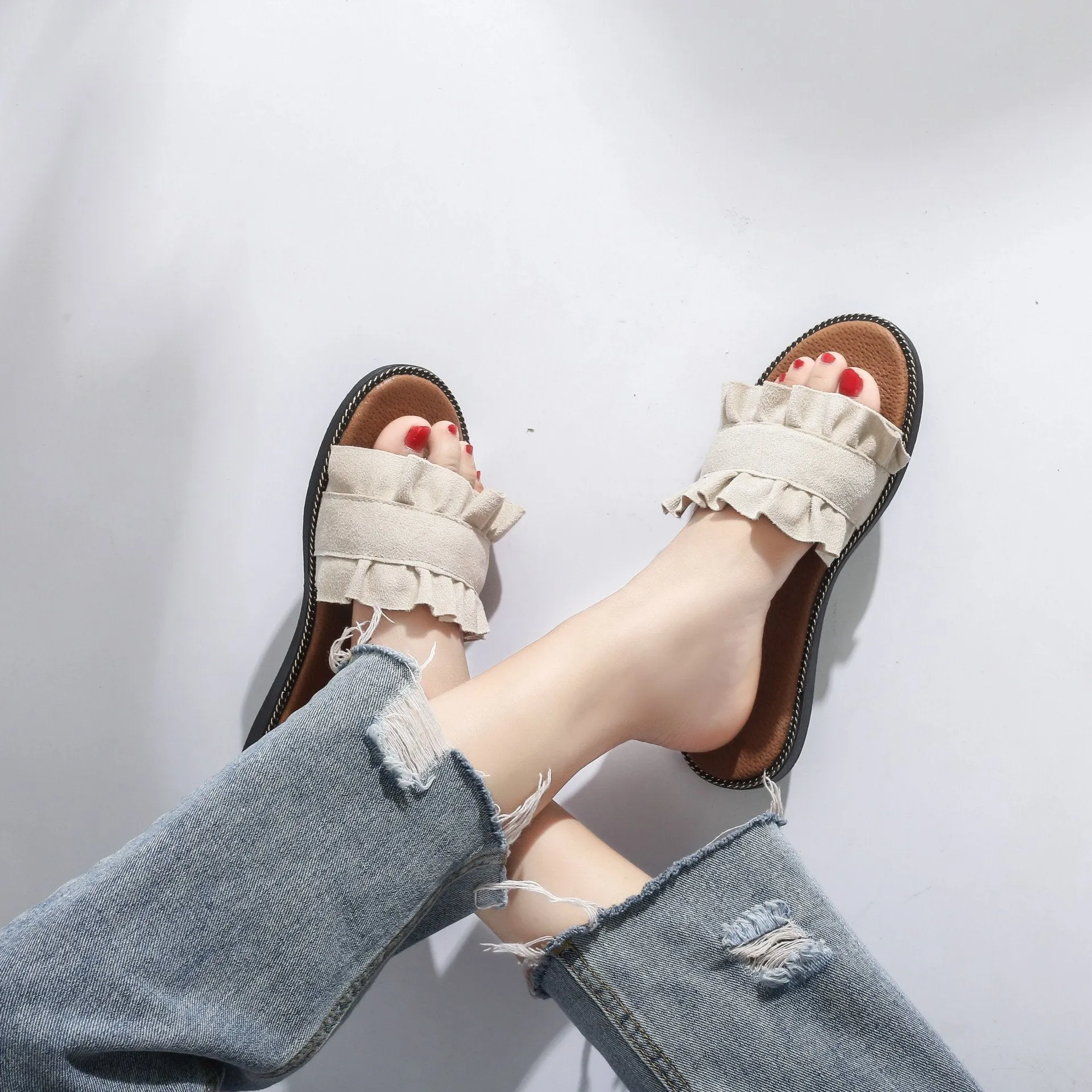 Fungus Lace Slippers Female Small Fresh Flat Sandals and Slippers