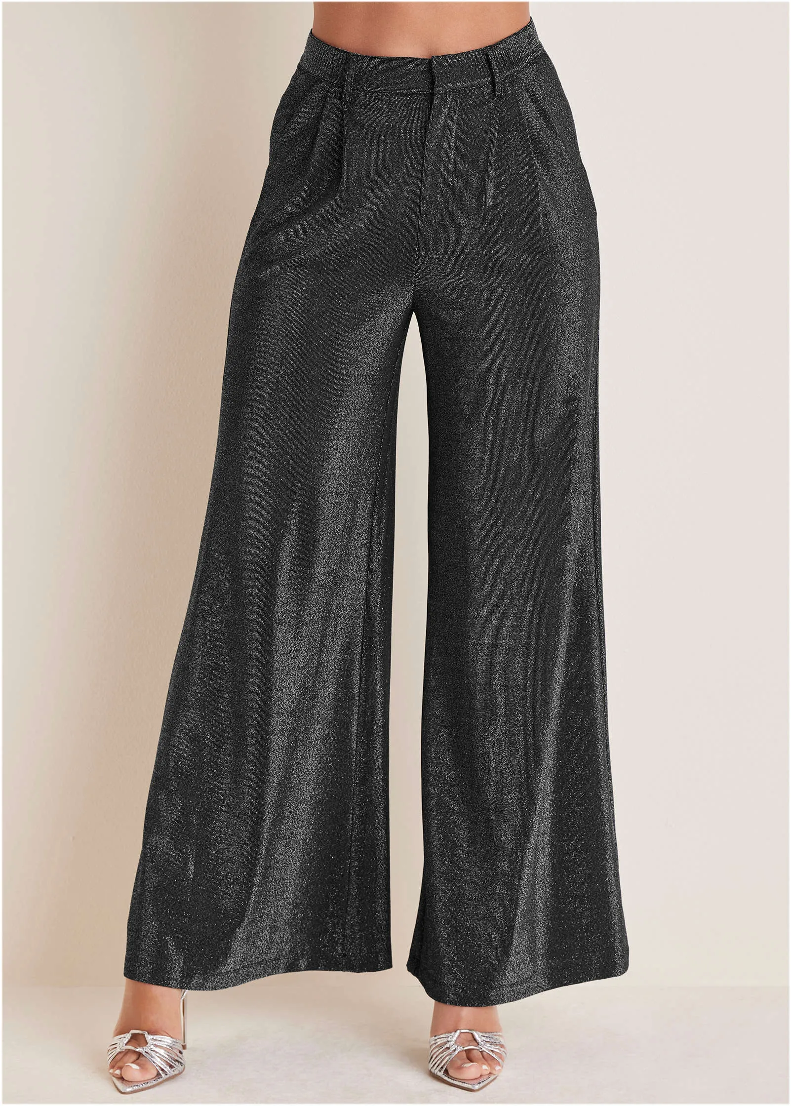 Glitter Knit Wide Leg Pants - Jet Black Glitter Knit
