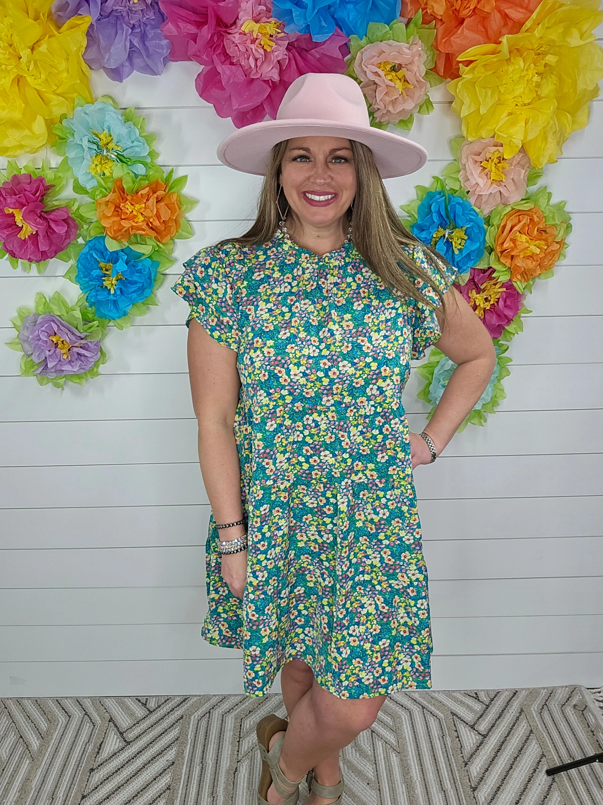 GREEN/YELLOW FLORAL TIERED DRESS