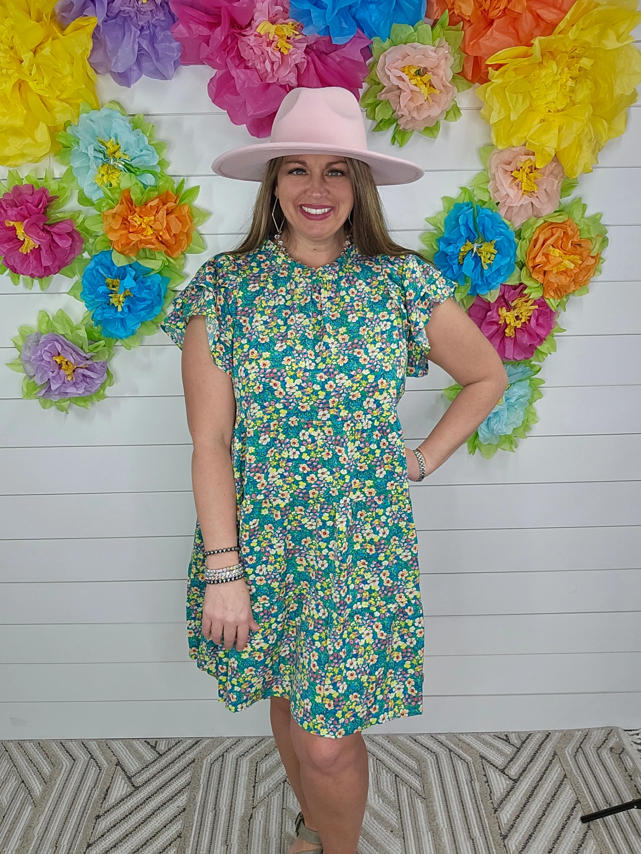 GREEN/YELLOW FLORAL TIERED DRESS