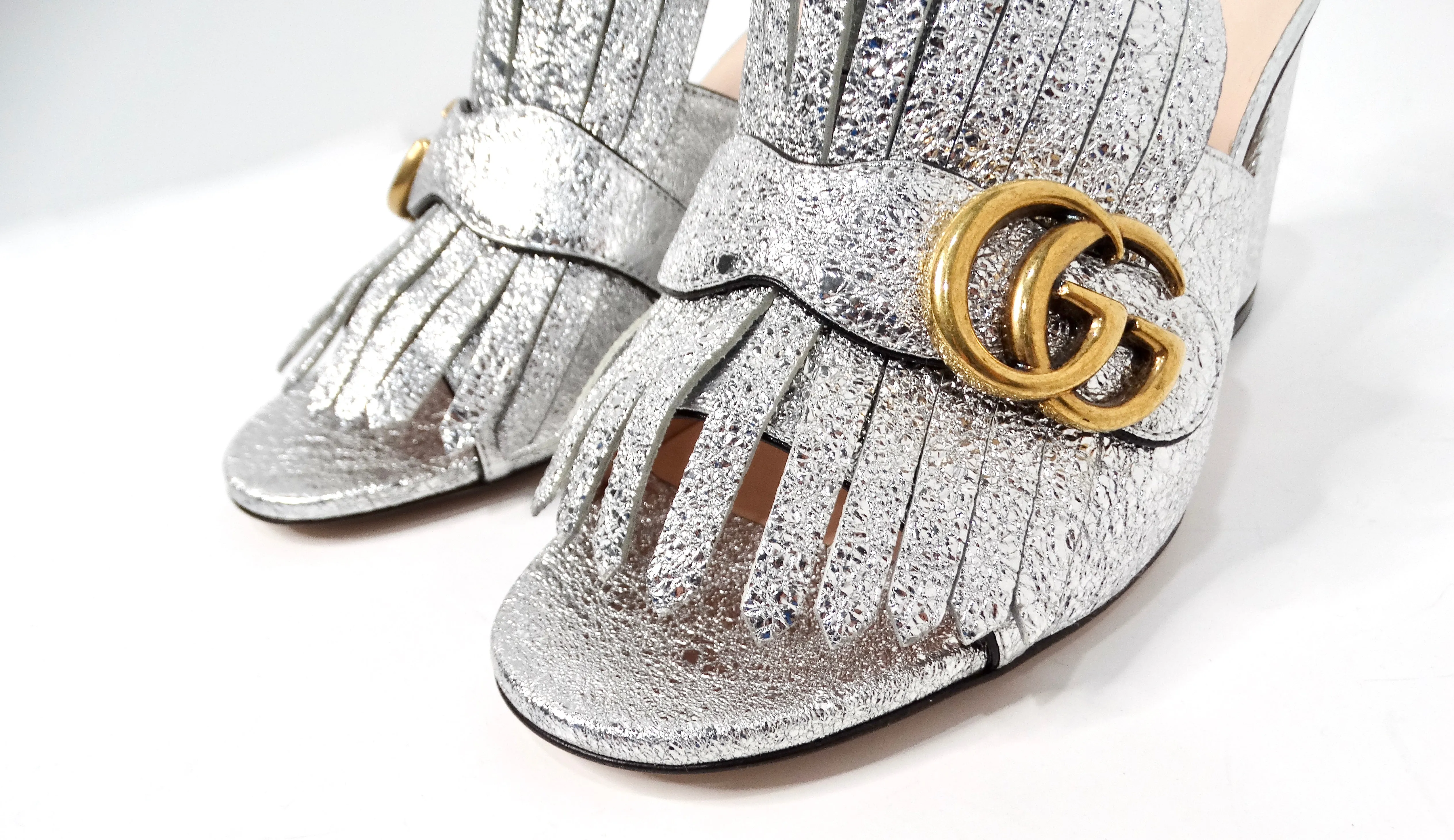 Gucci Silver Metallic Marmont Fringe Mule Sandals