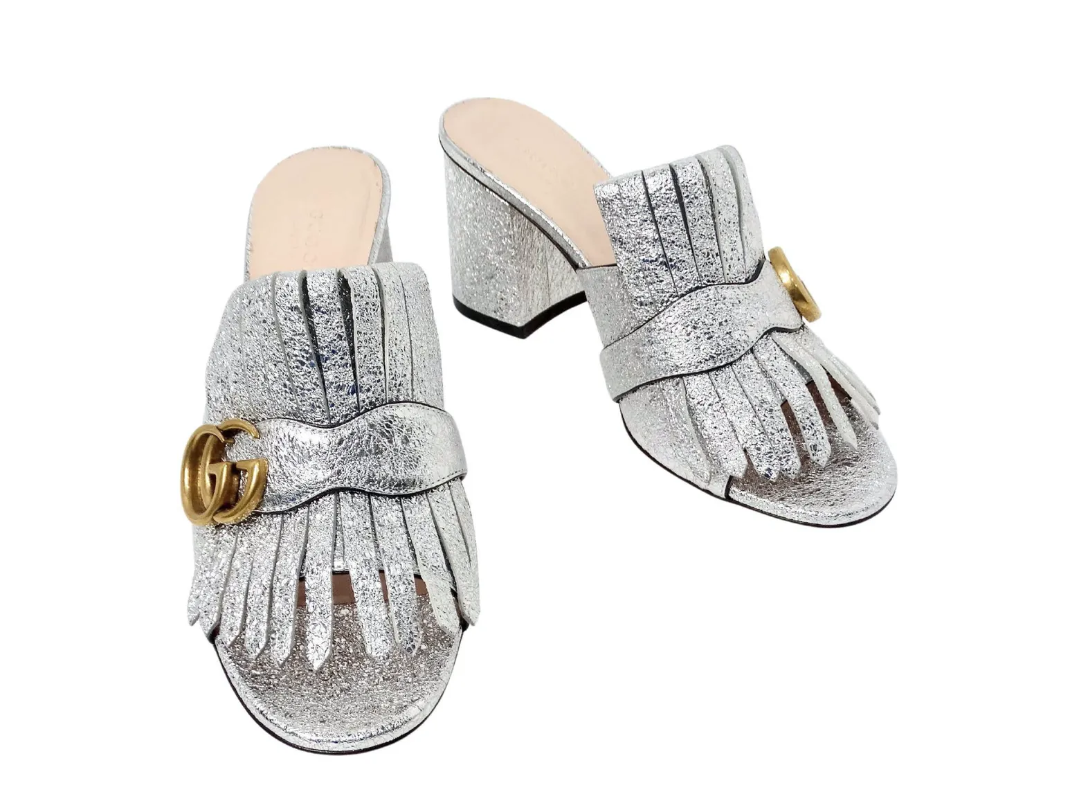Gucci Silver Metallic Marmont Fringe Mule Sandals