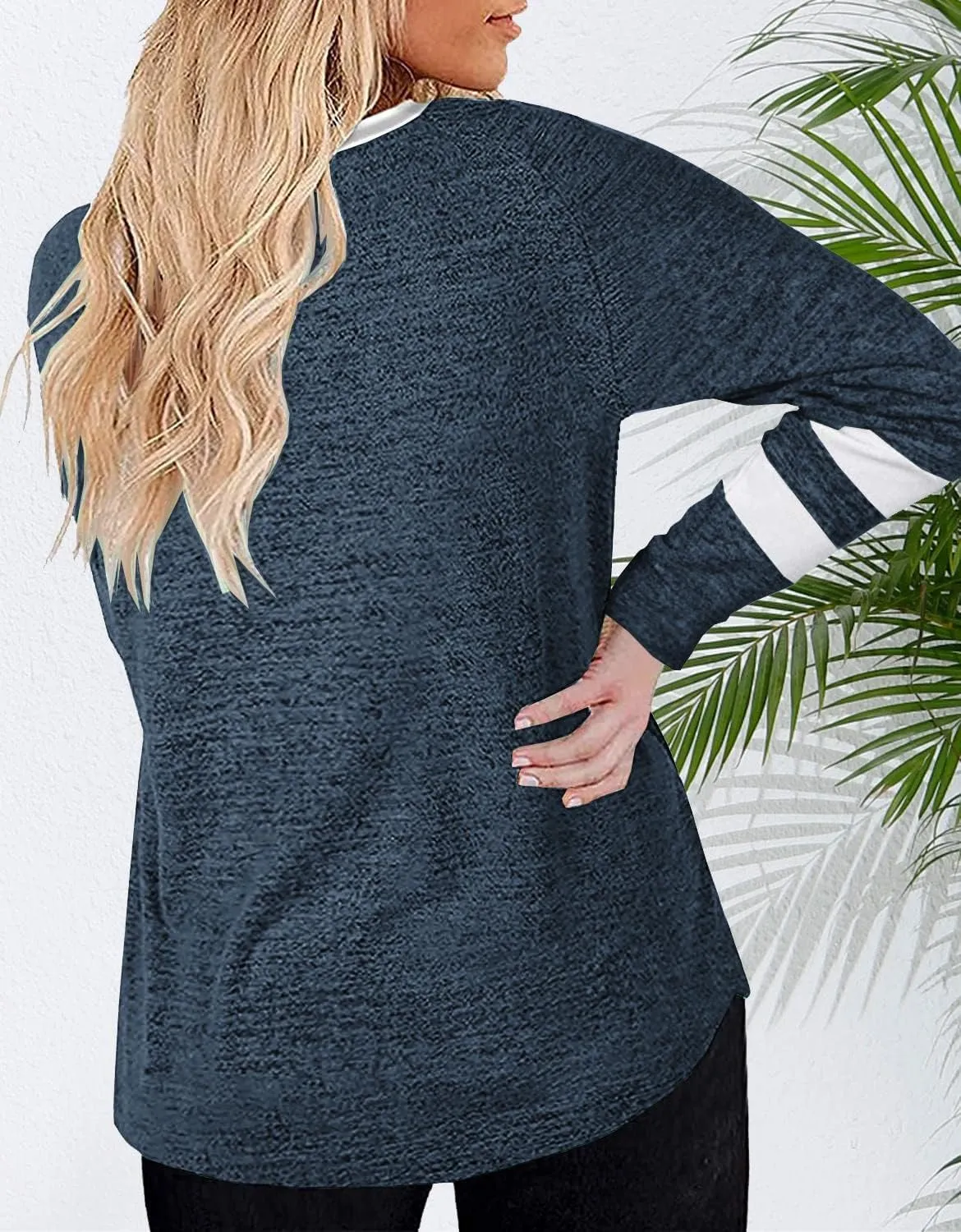 Haloumoning Women's Plus Size Tops Striped Long Sleeve V neck T Shirts Color Block Casual Tunics Tee Shirt