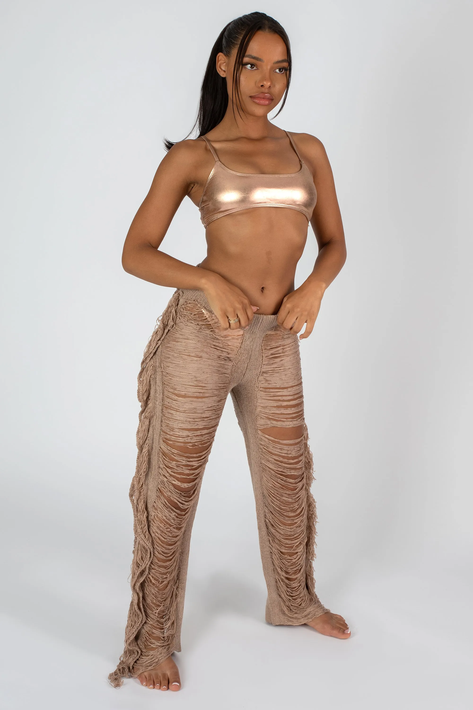 High Waist Extreme Laddered Frayed Straight Leg Knitted Trousers Nude