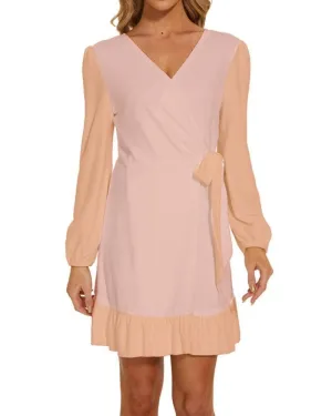 Keki Color Block Long Sleeve Waist Tie Ruffle Velour Dress
