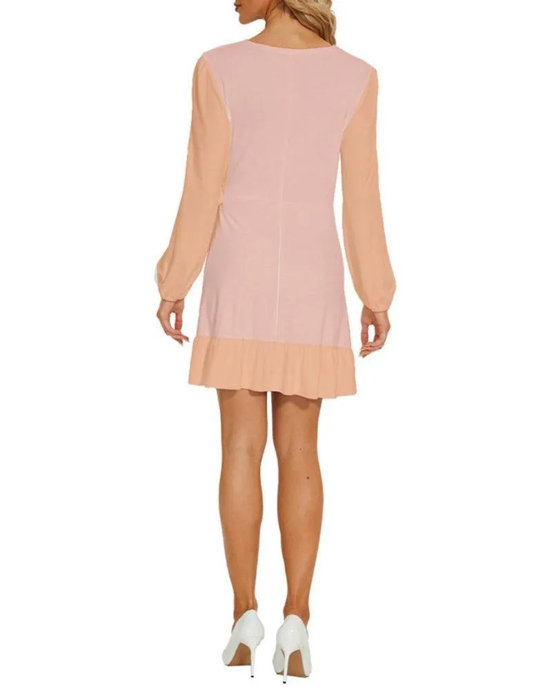 Keki Color Block Long Sleeve Waist Tie Ruffle Velour Dress