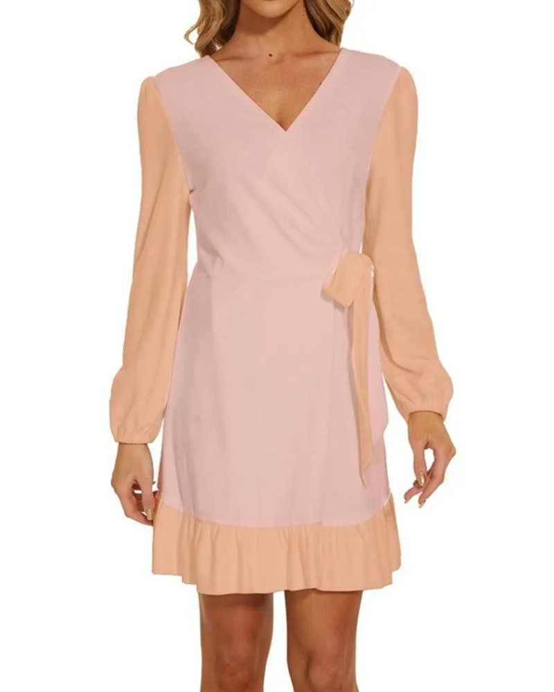 Keki Color Block Long Sleeve Waist Tie Ruffle Velour Dress