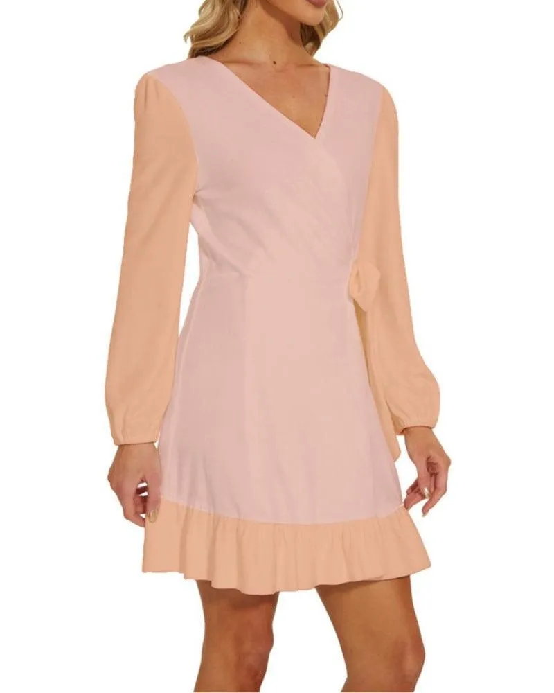 Keki Color Block Long Sleeve Waist Tie Ruffle Velour Dress