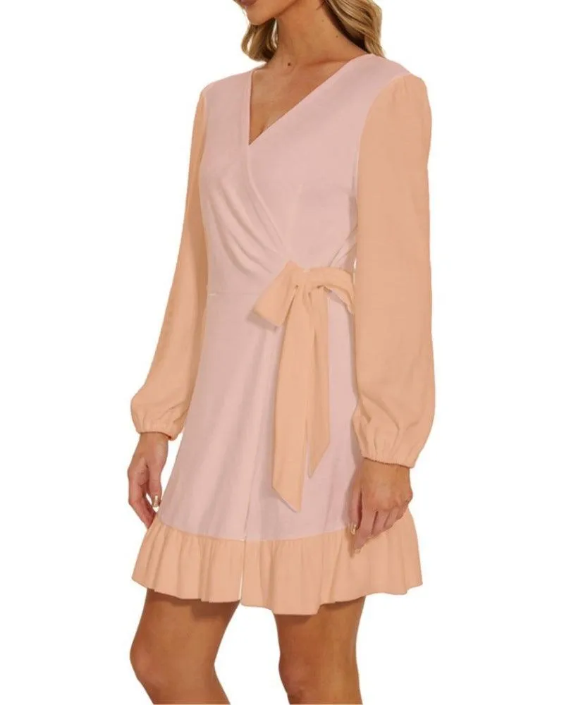 Keki Color Block Long Sleeve Waist Tie Ruffle Velour Dress