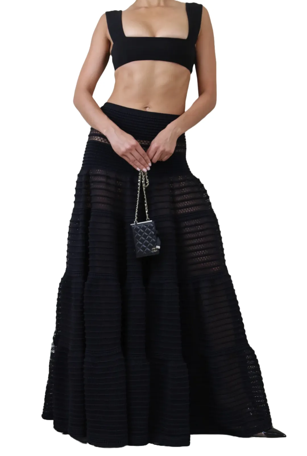 Knit Tiered Black Maxi Skirt