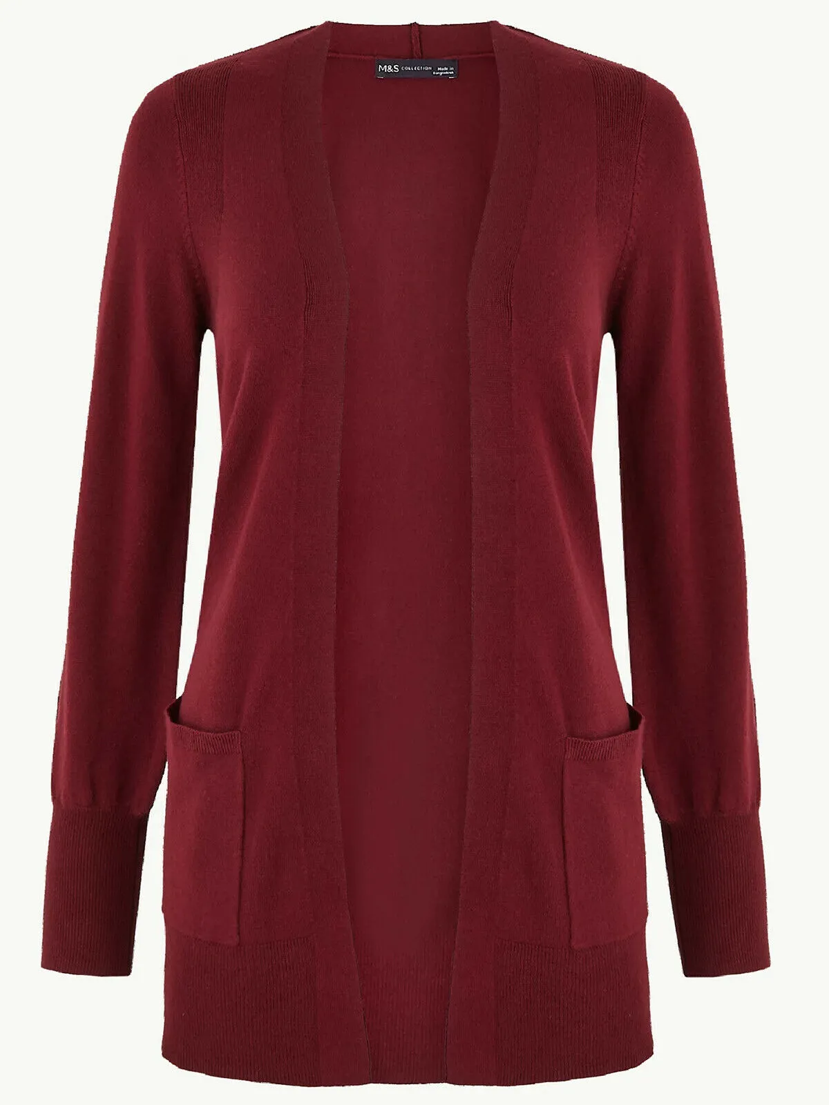 Ladies Burgundy Open Front Patch Pocket Longline Cardigan