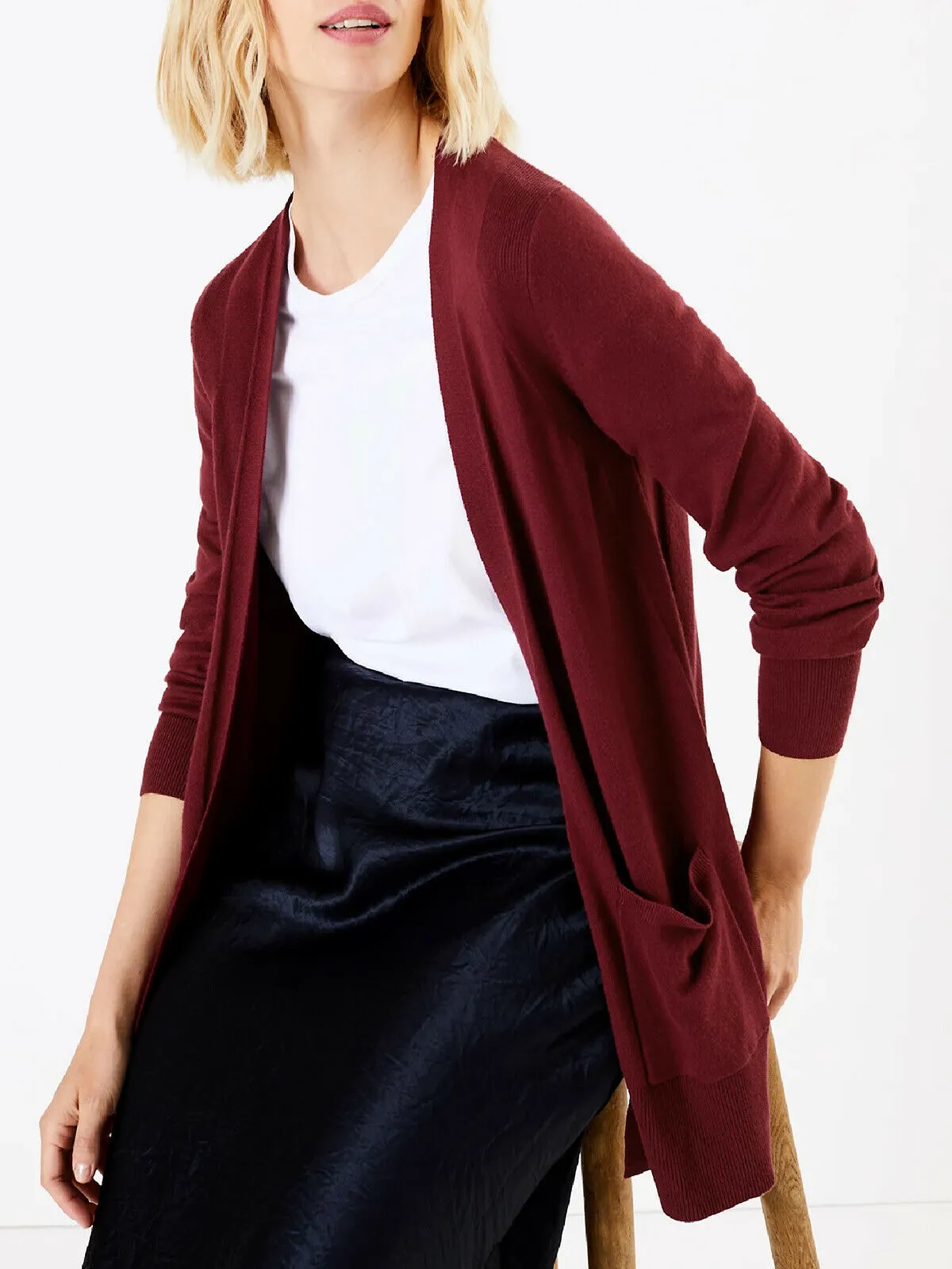 Ladies Burgundy Open Front Patch Pocket Longline Cardigan