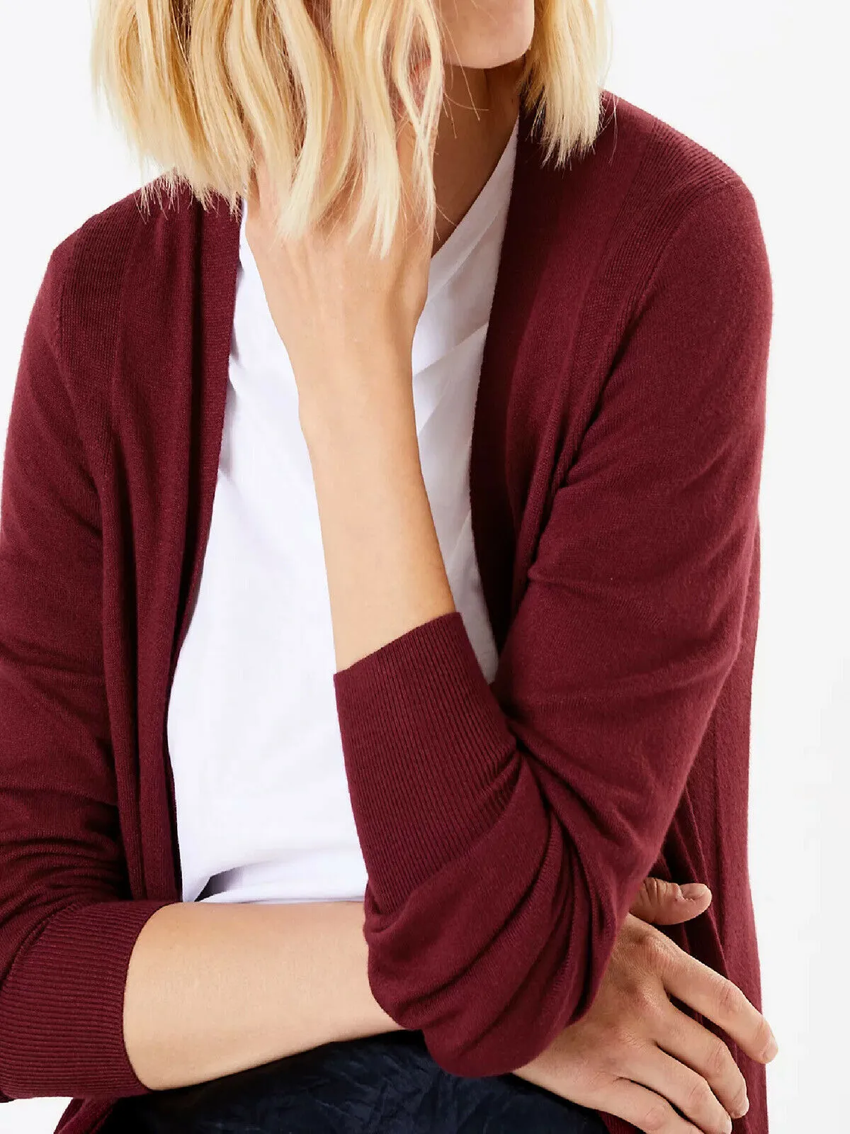 Ladies Burgundy Open Front Patch Pocket Longline Cardigan