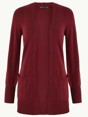 Ladies Burgundy Open Front Patch Pocket Longline Cardigan