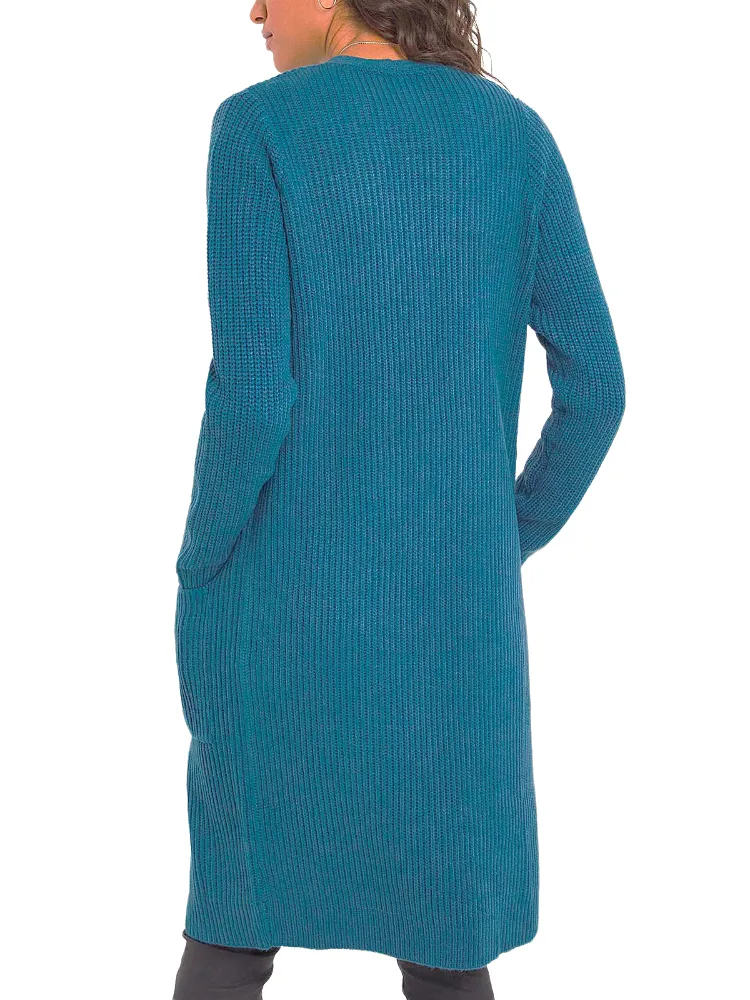 Ladies Teal Open Front Longline Fishermen Ribbed Patch Pocket Plus Size Cardigan